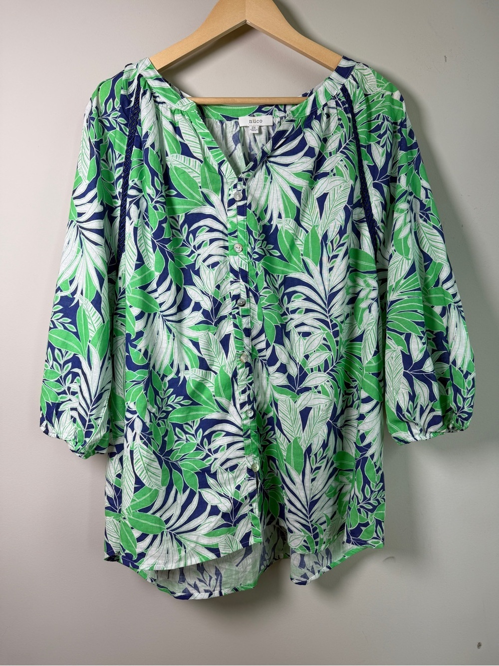 nüco Botanical Linen Cotton Top Button-Front Puff Sleeve Navy Green 2XL Resort